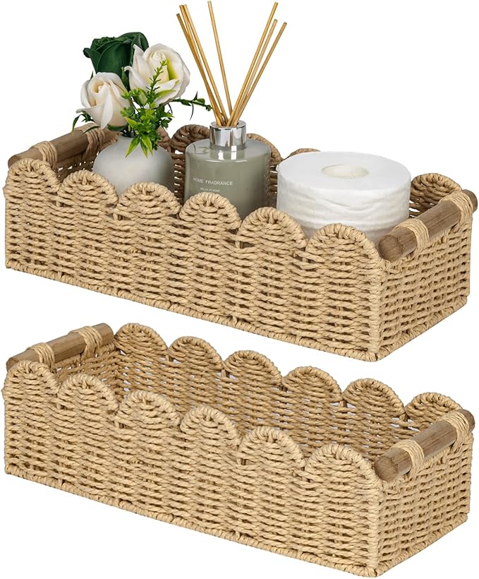 CubesLand Bathroom Basket Organizer, Toilet Tank Paper Storage Baskets 2-Pack, Scalloped Decorative Basket for Countertop w/Handle, Wicker Basket for Bathroom Decor, Home Decor, Living Room, Beige