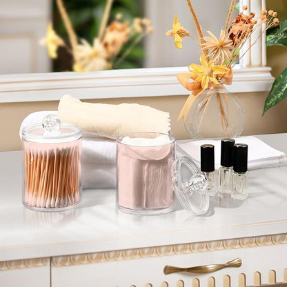 Misty Rose Pink Qtip Dispenser Apothecary Jars Bathroom Qtip Holder Storage Canister 10 Oz Plastic Jar for Cotton Ball Swab Round Pads Floss 2pcs