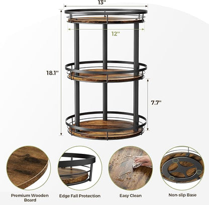LAMU 12'' Wood Lazy Susan Spice Rack Organizer, 3 Tier Spice Organization for Cabinet, Countertop, Kitchen, Table Top, Pantry, Condiment and Seasoning Rack Organizer