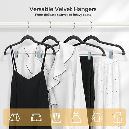 HOUSE DAY Velvet Hangers with Adjustable Clips 10 Pack, Non-Slip Suit Organizer with 360° Hook - Heavy Duty Hanger for Pants, Skirts, Blouses, Dresses - Outfit Hangers All-Season Space Saver (Black)