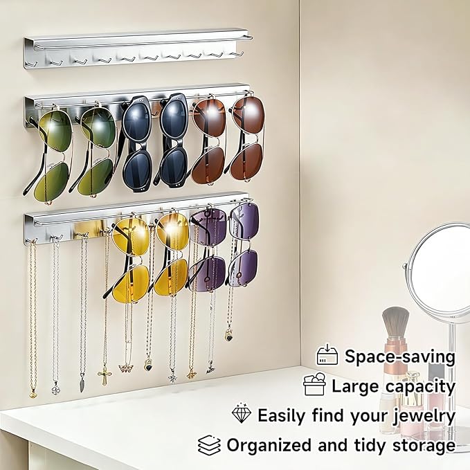 2PCS Necklace Holder Wall Mount, Sunglasses Organizer Wall Display with 20 Jewelry Hooks for Earring Bracelet Glasses, Hanging Jewelry Organizer, Sunglass Holder, Necklaces Hanger, Silver