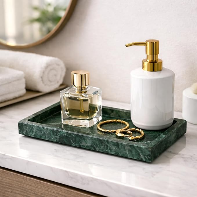 Natural Green Marble Tray for Bathroom | Kitchen | Vanity | Desktop, Stone Organizer for Coffee Table, Dresser, Nightstand, Candles, Soap, Towel, Plant, Jewelry (10" x 6"), Rectangular