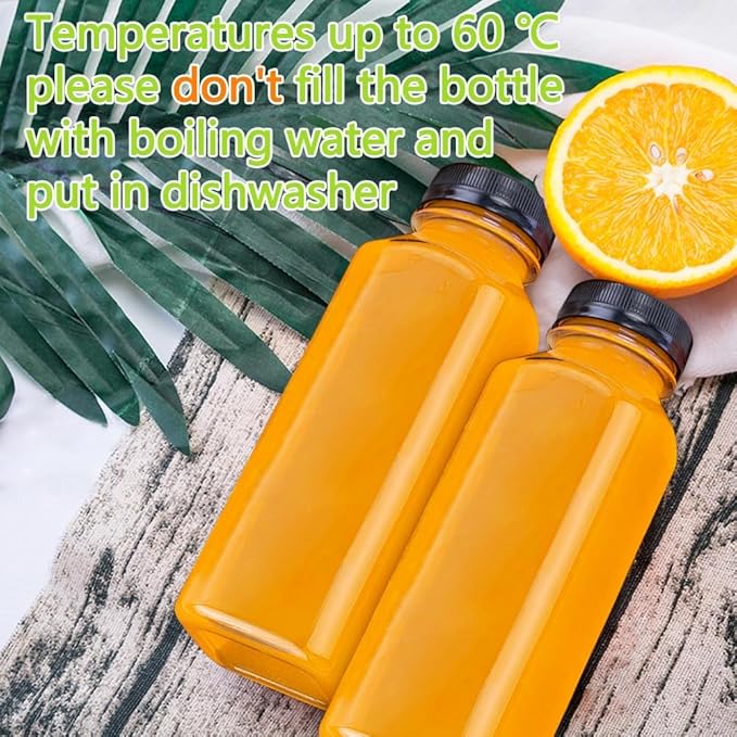 Leaflai Plastic Juice Bottles with Caps 12 pcs- 8oz Reusable Juice Containers with Tamper Proof Lids Black- Clear Juice Bottles for Juicing Milk Smoothie Drinking and Other Beverages Christmas Gifts
