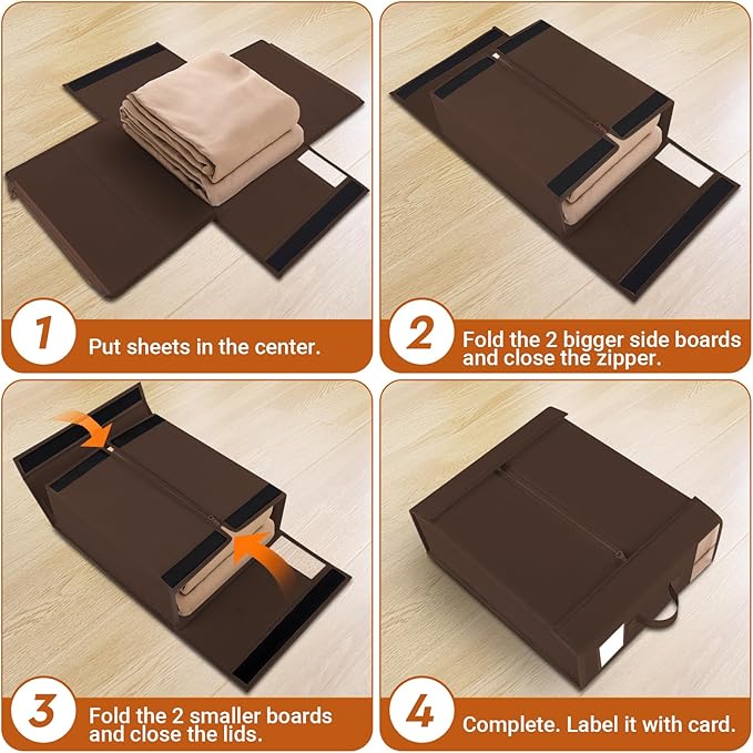 StorageTastic 4 Pack Bed Sheet Closet Organizers and Storage,Sturdy Foldable Storage Containers with Window and Label,Storage and Organization for Bedding Sheets,Duvet Covers,Blankets (Brown)