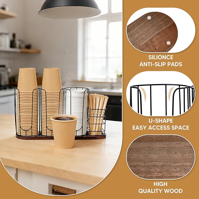 4-Compartment 18oz Coffee Cup Dispenser Rack with Wood Base, Disposable Cup Holder,Cup and Lid Holder with Straw Organizer,for Stirrers Pod Countertop, Plastic Cup Station