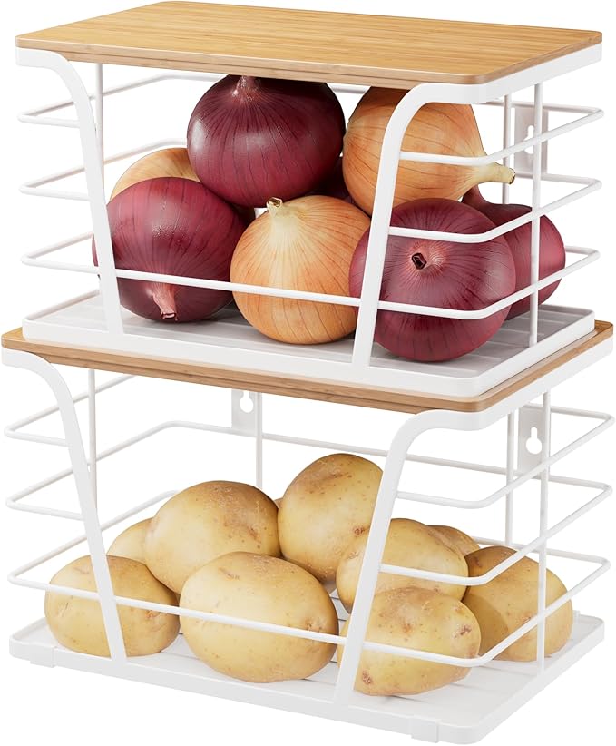 TIDIIABODE 2 Pack Kitchen Organization for Onions,Potatoes - Fruit Basket for Kitchen Counter & Storage Basket,Stackable Storage Bins with Bamboo Top & Lightweight PP Mat,White