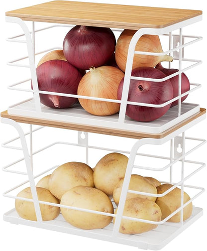TIDIIABODE 2 Pack Kitchen Organization for Onions,Potatoes - Fruit Basket for Kitchen Counter & Storage Basket,Stackable Storage Bins with Bamboo Top & Lightweight PP Mat,White