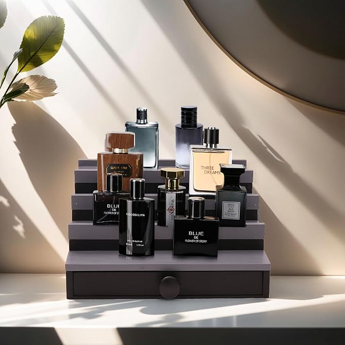 Black Grey Cologne Organizer for Men - 4 Tier Wooden Cologne Display Stand with Drawer and Hidden Compartment, Mens Cologne Perfume Holder Shelf for Organizing and Storing