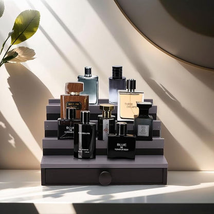 Black Grey Cologne Organizer for Men - 4 Tier Wooden Cologne Display Stand with Drawer and Hidden Compartment, Mens Cologne Perfume Holder Shelf for Organizing and Storing