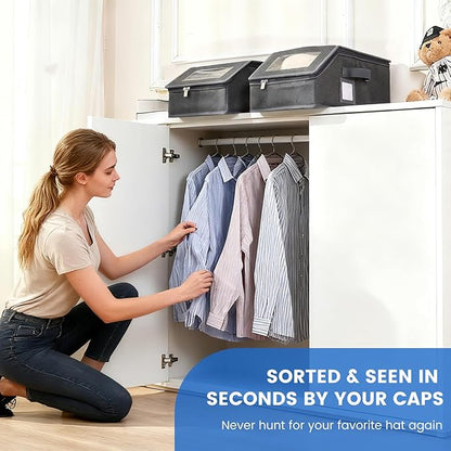 2 Pack Hat Storage for Baseball Caps, Hat Box with Clear View Window, Hat Organizer for Baseball Caps Holds 30 Caps with Cardboard for Men & Women, Ball Cap Organizer for Closet & Shelf (Dark Gray)