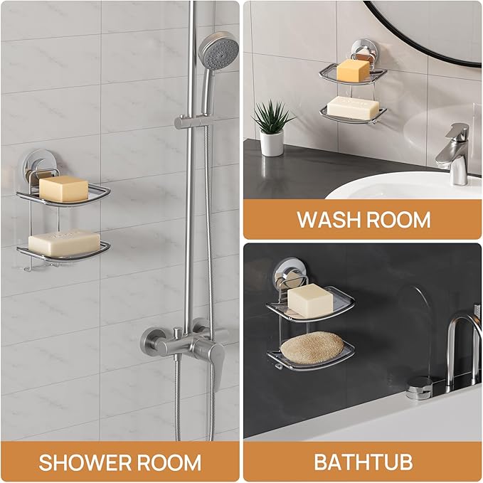LEVERLOC Soap Dish Holder Suction Cup for Shower Wall Double Layer Drill-Free Waterproof Wall Mount Strong Suction Removable Bar Soap Sponge Holder for Bathroom Bathtub Kitchen, Chromed