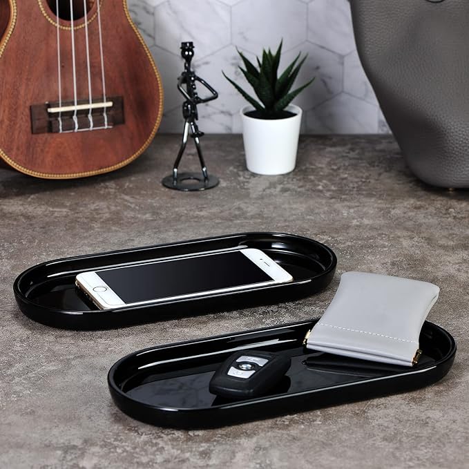 SheeChung Acrylic Vanity Tray Bathroom Storage Tray, 9.65 in x 4.5 in Catchall Holder, Countertop Sink Dispenser Organizer for Cabinet, Vanity, Shelf, Cupboard, or Closet Organization (2 Pack, Black)
