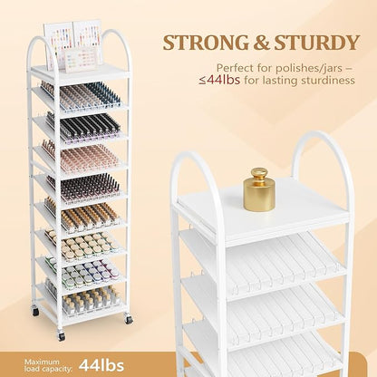 OmySalon Rolling Nail Polish & Powder Display Stand - 8 Tier Mobile Nail Salon Organizer Rack with Wheels, Holds 600 Bottles & 240 Jars for Nail Artists, Salon Display, Retail Store (White)