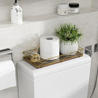 Lixple Toilet Paper Basket Holder, 13" Toilet Tank Tray, Wood and Metal Toilet Tray Vanity Organizer Bathroom Tray, Kitchen Sink Organizer for Soap Dispenser (Brown+Gold)