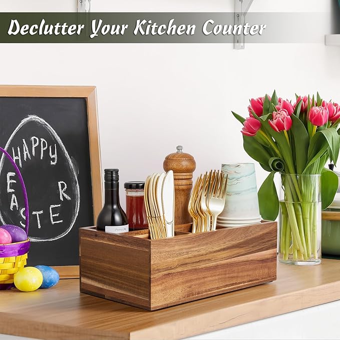 DRASTAR Paper Plate Dispenser, Acacia Utensil Caddy Organizer, Large Silverware Holder for Party, Paper Plate Organizer, Kitchen Utensil Caddy for Party Picnic Camping