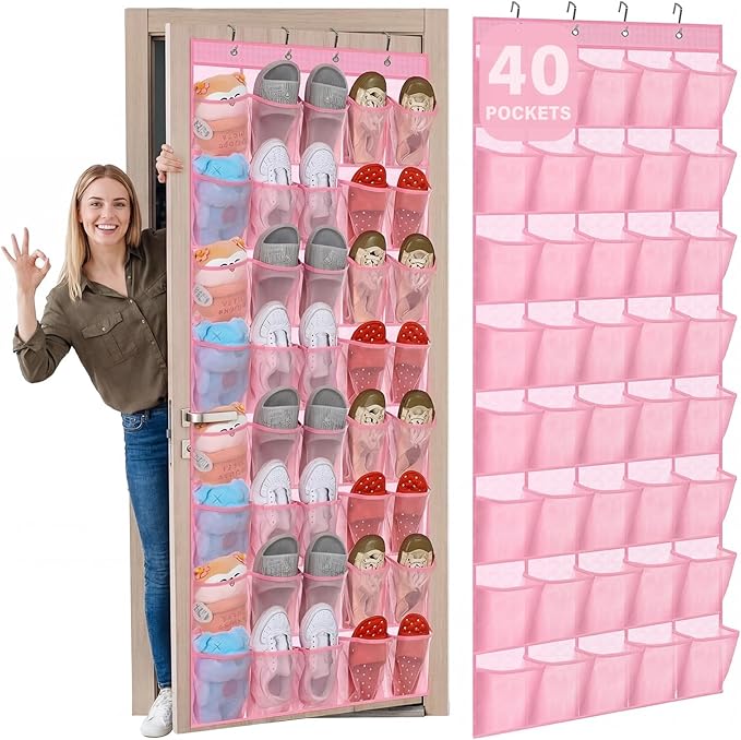 Windyun 40 Over the Door Shoe Organizer Large Breathable Mesh Pockets Pink Hanging Shoe Rack for Closet Behind Door Hanger Storage Holder Nonslip Hooks for Women Entryway Bedroom Utility Room