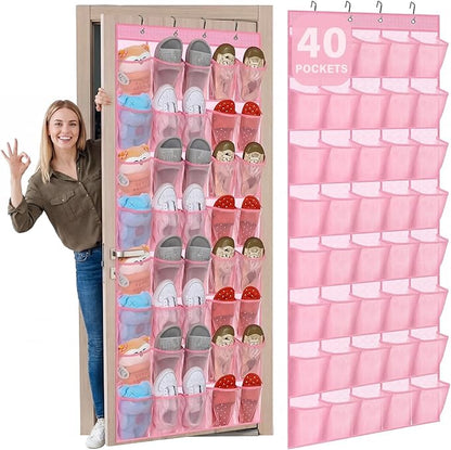 Windyun 40 Over the Door Shoe Organizer Large Breathable Mesh Pockets Pink Hanging Shoe Rack for Closet Behind Door Hanger Storage Holder Nonslip Hooks for Women Entryway Bedroom Utility Room