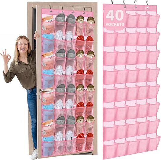 Windyun 40 Over the Door Shoe Organizer Large Breathable Mesh Pockets Pink Hanging Shoe Rack for Closet Behind Door Hanger Storage Holder Nonslip Hooks for Women Entryway Bedroom Utility Room