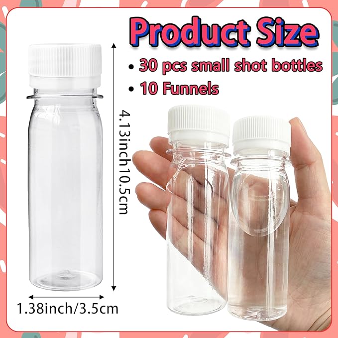 30 Pcs 2oz Small Plastic Shot Bottles with White Caps,Round Juice Bottles with 10 Funnels,Reusable Clear Beverage Containers for Drink Milk Beer Coffee Liquid