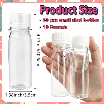 30 Pcs 2oz Small Plastic Shot Bottles with White Caps,Round Juice Bottles with 10 Funnels,Reusable Clear Beverage Containers for Drink Milk Beer Coffee Liquid