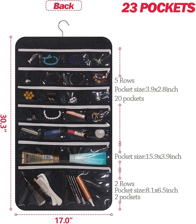 DIOMMELL Hanging Jewelry Organizer 47 Pockets with Zipper for Earrings Necklace Bracelet Ring Accessory Display Storage Bag Travel Holder Box