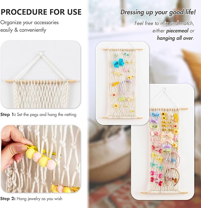 Pretty Jolly Macrame Hair Clips Accessories Organizer Hairbow Holder Rack for Girl Clips Storage Claw Clip Ornaments Keeper for Girls Room Wall Hanging Decor(Beige)