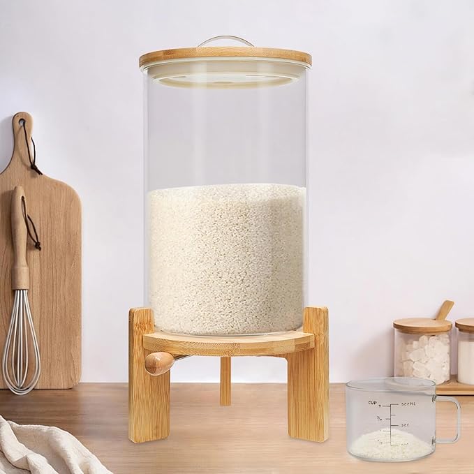 Glass Rice Dispenser with Wooden Stand, 1.98Gal Rice Storage Container Cereal containers Storage Cereal Dispenser for Kitchen Organization & Pantry Store Airtight Lid Manual Switch (7.5L)