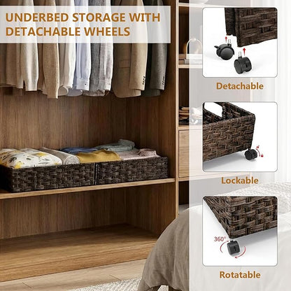 2 Pack Under Bed Storage with Wheels, 40L Large Under Bed Storage Containers with Handwoven Rattan , Rolling Underbed Organizer Bins Drawers for Clothes, Shoes, Blankets, Brown(31.5 x 15.75 x 6.3 In)