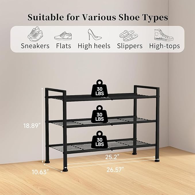 3-Tier Shoe Rack, 26.5" Wide Metal Storage Organizer for Closet Entryway,Holds up to 9 Pairs Shoes, Heavy-Duty Stand for Shoes, Books, or Plants (Black)