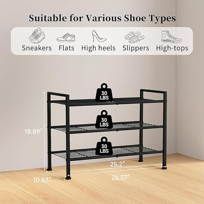 3-Tier Shoe Rack, 26.5" Wide Metal Storage Organizer for Closet Entryway,Holds up to 9 Pairs Shoes, Heavy-Duty Stand for Shoes, Books, or Plants (Black)