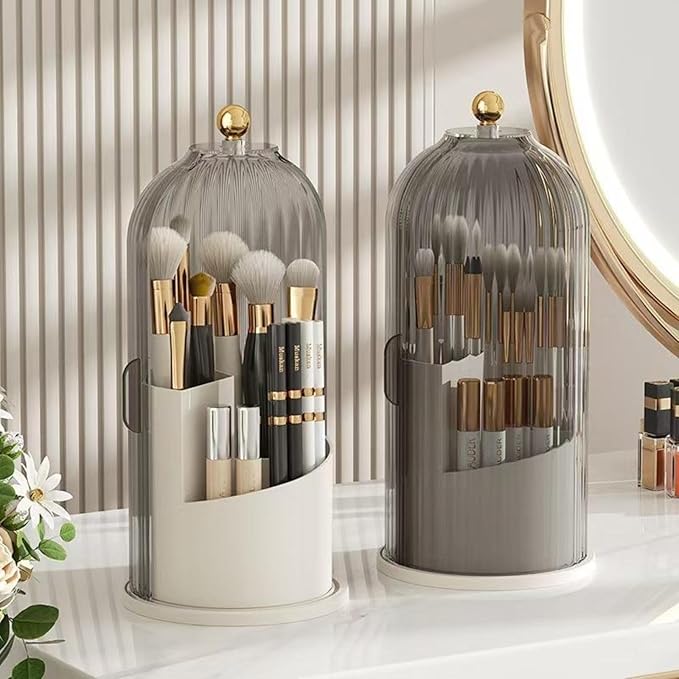 Rotating Toothbrush and Makeup Brush Holder Organizer with Sliding Lid - 3 Slots, 360° Rotating Bathroom Countertop Organizer, Toothbrush and Toothpaste Stand, Sink and Vanity Storage Caddy (White)