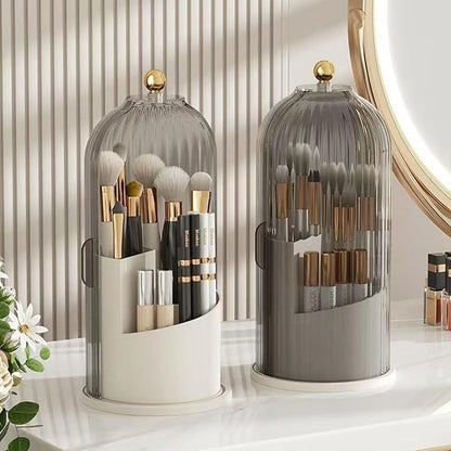 Rotating Toothbrush and Makeup Brush Holder Organizer with Sliding Lid - 3 Slots, 360° Rotating Bathroom Countertop Organizer, Toothbrush and Toothpaste Stand, Sink and Vanity Storage Caddy (White)