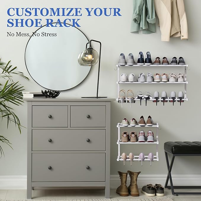 Wall Mounted Shoe Rack, 3 Tier Hanging Shoe Rack Holds 12 Pairs, 17"-30" Adjustable Heavy Duty Metal Shoe Organizer Holder with 2 Storage Hooks, Space Saving for Closet Entryway Doorway（White