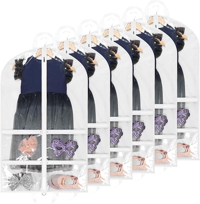 KEEGH Clear Garment Bags for Dance Costumes 40 inch Dance Garment Bags for Dancers Hanging Clothes for Closet Storage, with 4 Zipper Pockets for Dance Competitions, Ballet, Theatre, 6 Pack, White
