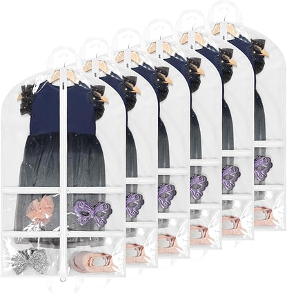 KEEGH Clear Garment Bags for Dance Costumes 40 inch Dance Garment Bags for Dancers Hanging Clothes for Closet Storage, with 4 Zipper Pockets for Dance Competitions, Ballet, Theatre, 6 Pack, White