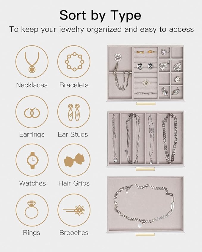 VLANDO Jewelry Box for Women, Glass Lid Jewelry Organizer with 3 Drawers for Necklaces Rings Earrings Bracelets - Grey