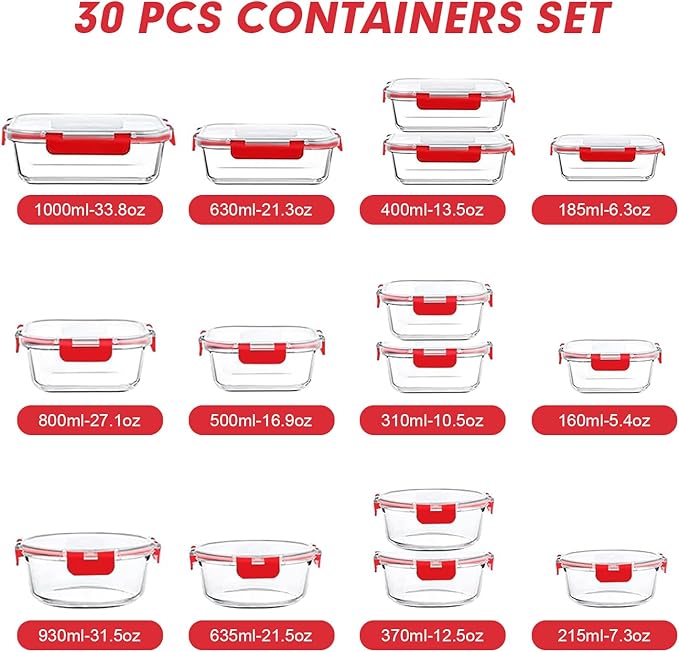 VERONES 30 Pieces Glass Meal Prep Containers Set, Stackable Glass Food Storage Containers with Lids-Airtight Lunch Containers，for Microwave, Oven, Freezer & Dishwasher,Red