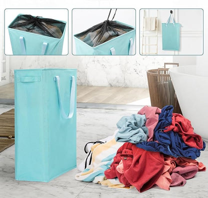Odonata Slim Laundry Hamper Handles Collapsible Laundry Basket Thin Dirty Clothes Basket Narrow Laundry Bag Foldable Dirty Hamper 45L (Baby Blue)