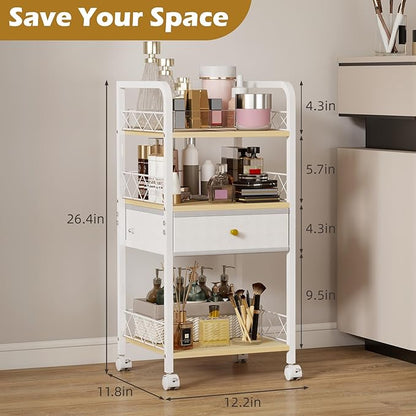 Makeup Organizer Rolling Cart with Drawer, Makeup Organizer on Wheels, Rolling Makeup Bathroom Storage Cart, Cosmetics Display for Nail Polish Makeup Brush