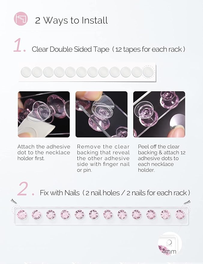 Acrylic Necklaces Holder Wall Mounted Necklace Hangers Hanging Jewelry Organizer with 12 Hooks, Clear Jewelry Hangers for Necklace Organizer for Girls Women, Necklace Hooks for Wall (Pink, 2 Pack)