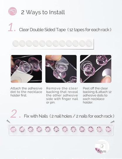 Acrylic Necklaces Holder Wall Mounted Necklace Hangers Hanging Jewelry Organizer with 12 Hooks, Clear Jewelry Hangers for Necklace Organizer for Girls Women, Necklace Hooks for Wall (Pink, 2 Pack)