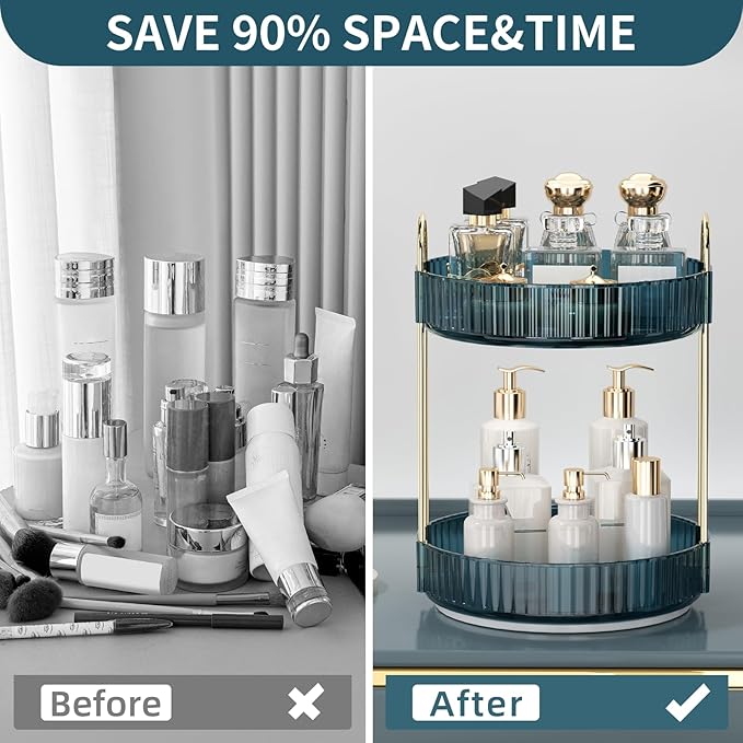 360 Rotating Makeup Organizer for Vanity, Bathroom Countertop Organizer Spinning Perfume Organizer, High-Capacity Cosmetic and Skincare Dresser Make Up Holder Rack (2 Tiers, Blue)