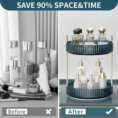 360 Rotating Makeup Organizer for Vanity, Bathroom Countertop Organizer Spinning Perfume Organizer, High-Capacity Cosmetic and Skincare Dresser Make Up Holder Rack (2 Tiers, Blue)