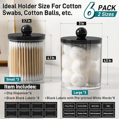 6 Pack Acrylic Qtip Holder Dispenser for Cotton Swabs, Balls, Pads, Floss - Plastic Canister Apothecary Jar Set, Bathroom Essentials Accessories Decor Vanity Makeup Storage Organizer - Clear & Black