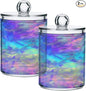 Iridescent Qtip Holder Dispenser 2 PCS Plastic Bathroom Canister Apothecary Jars with Lid 14 oz Vanity Makeup Storage Organizer for Cotton Swabs, Balls, Pads, Floss