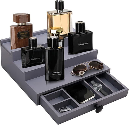 3 Tier Cologne Organizer for Men - Wooden Cologne Perfume Display Stand with Drawer and Hidden Compartment, Mens Cologne Rack Holder Shelf for Organizing and Storing