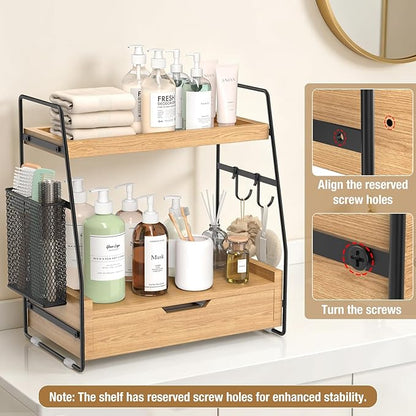 2 Tier Bathroom Counter Organizer Wood - Tiered Bathroom Countertop Shelf with Drawer, Removable Basket & 2 Hooks, Makeup Vanity Organizer for Skincare Perfume Toiletries, 13'' Wood