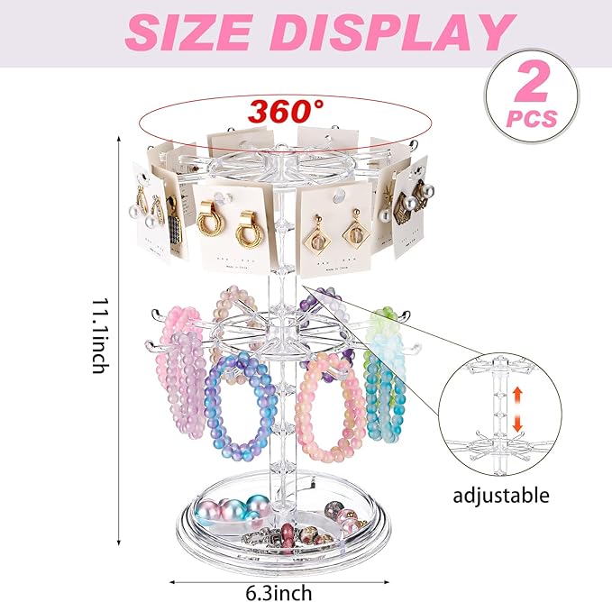 2 Pack Keychain Display Stand Rotating Jewelry 2 Tier Necklace Holder Plastic Spinning Bracelet Hanging Organizer Rotating Rack Earring Bracelet Stands for Vendors Malls Counter Dressing Table
