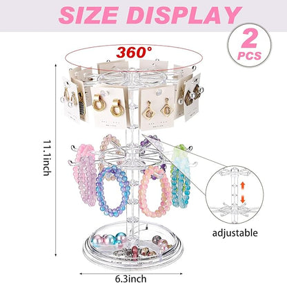 2 Pack Keychain Display Stand Rotating Jewelry 2 Tier Necklace Holder Plastic Spinning Bracelet Hanging Organizer Rotating Rack Earring Bracelet Stands for Vendors Malls Counter Dressing Table