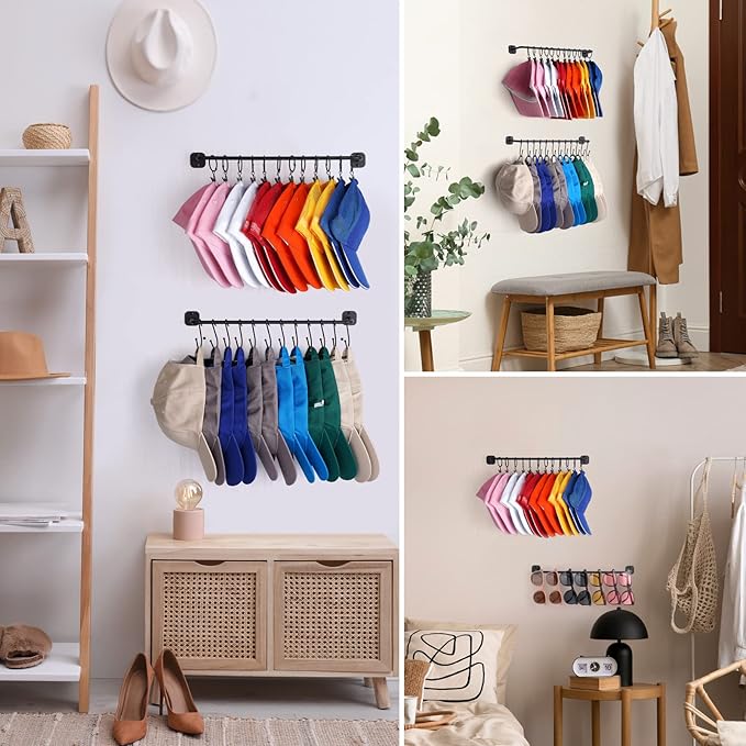 Hat Rack Wall Mount 24 Baseball Caps, Modern Metal Hook with 12 Clips and 12 Hooks Holder Storage Display for Closet Bedroom Entryway Laundry, 2 Pack Black